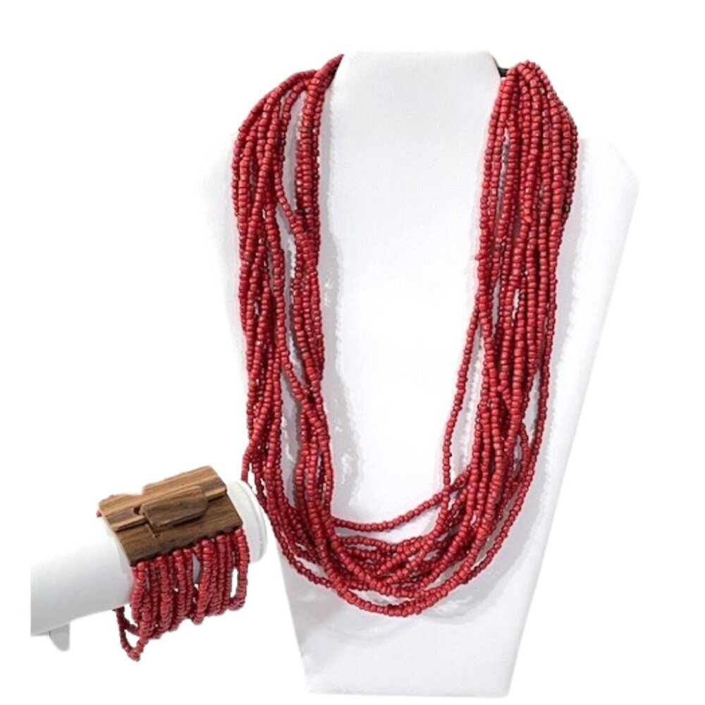 Brick red 24" 12-strand necklace and bracelet set.